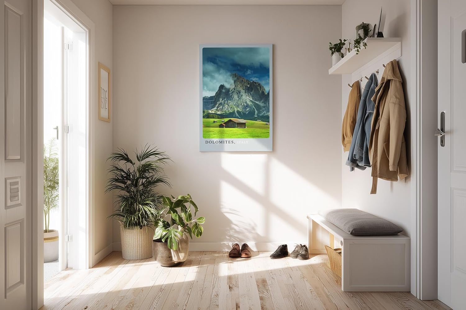 Paul Sinus Kunstdruck 40x60cm Dolomiten mit dramatischem Himmel und Almhütten – Alpenpanorama aus Italien