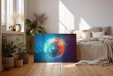 Sinus Art Wandbild 120x80cm Leuchtender Erdball vor funkelndem Sternenhimmel mit realistischer Tiefe