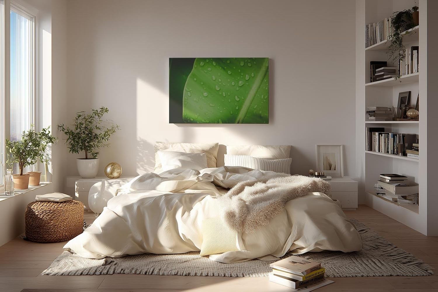 Sinus Art Wandbild 120x80cm Frisches grünes Blatt mit Wassertropfen – Symbol für Reinheit und Natur
