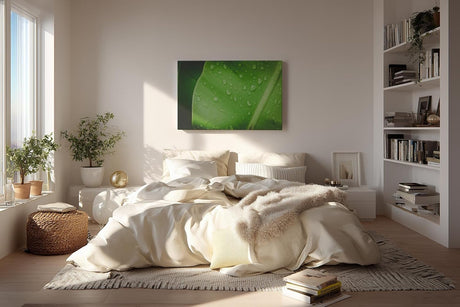 Sinus Art Wandbild 120x80cm Frisches grünes Blatt mit Wassertropfen – Symbol für Reinheit und Natur