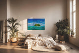 Sinus Art Wandbild 120x80cm Kleine tropische Insel mit Palmen und weißem Strand im türkisfarbenen Wasser