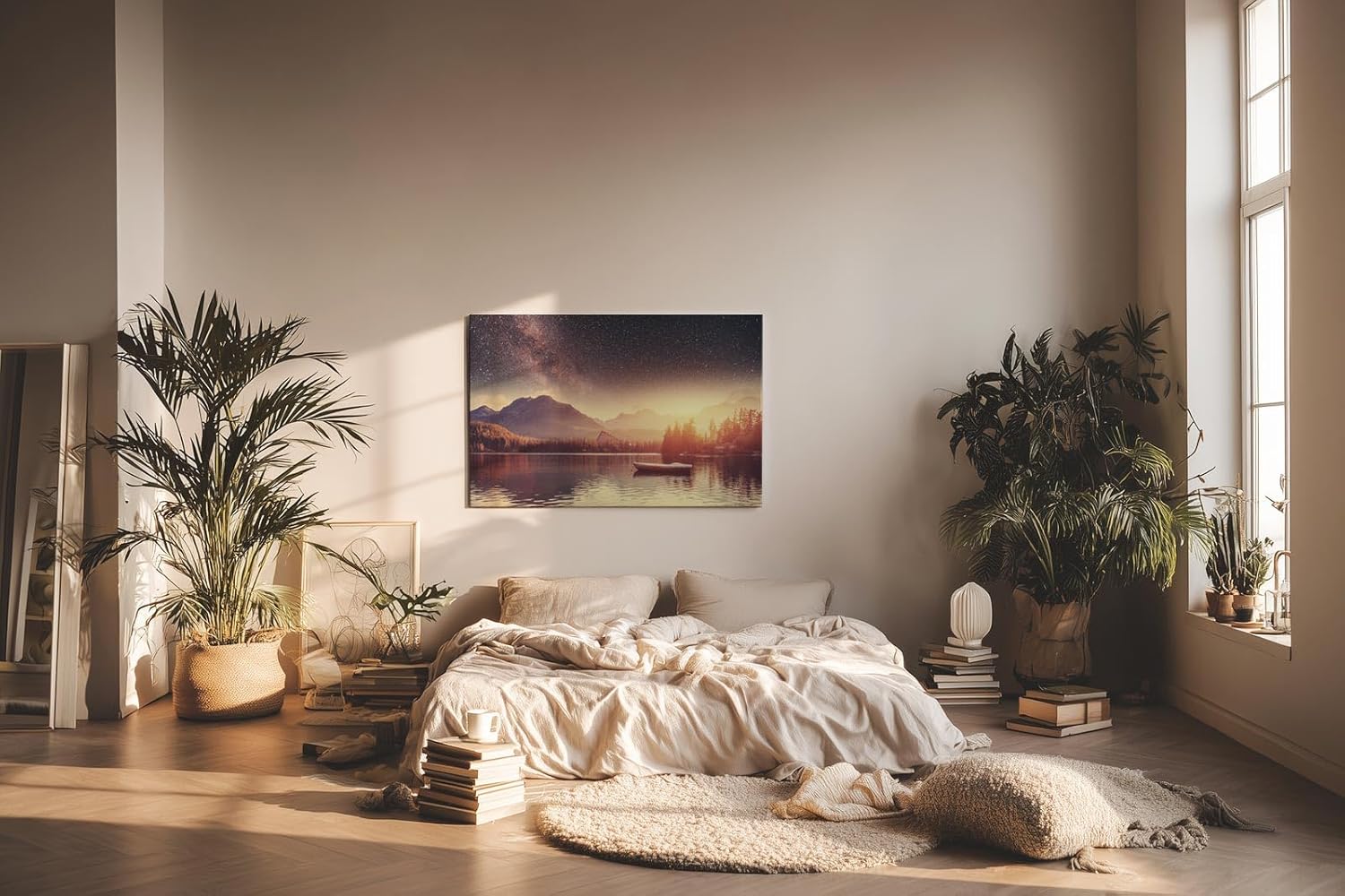 Sinus Art Wandbild 120x80cm Stimmungsvolle Komposition aus Sternenhimmel, Bergen und stiller Wasserfläche