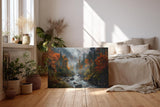 Sinus Art Wandbild 120x80cm Stimmungsvolles Naturmotiv mit fließendem Bach im nebelverhangenen Herbstwald – lebendig und tiefgründig