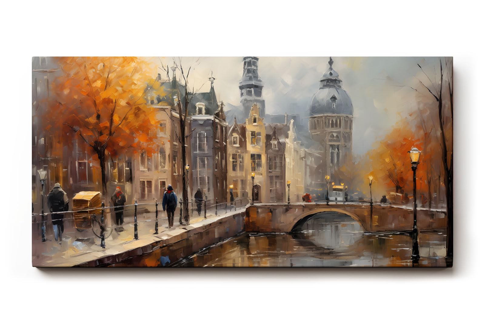 Sinus Art Wandbild 120x80cm Stimmungsvolle Darstellung von Amsterdam mit Kanal Brücke und Altstadt bei herbstlichem Licht