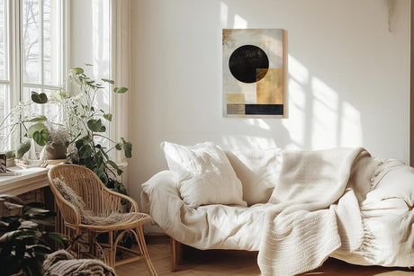 Paul Sinus 60x90cm Wandbild, Visionäres Design in Fokusgeometrie – Abstrakte Harmonie in Gold und Schwarz erleben