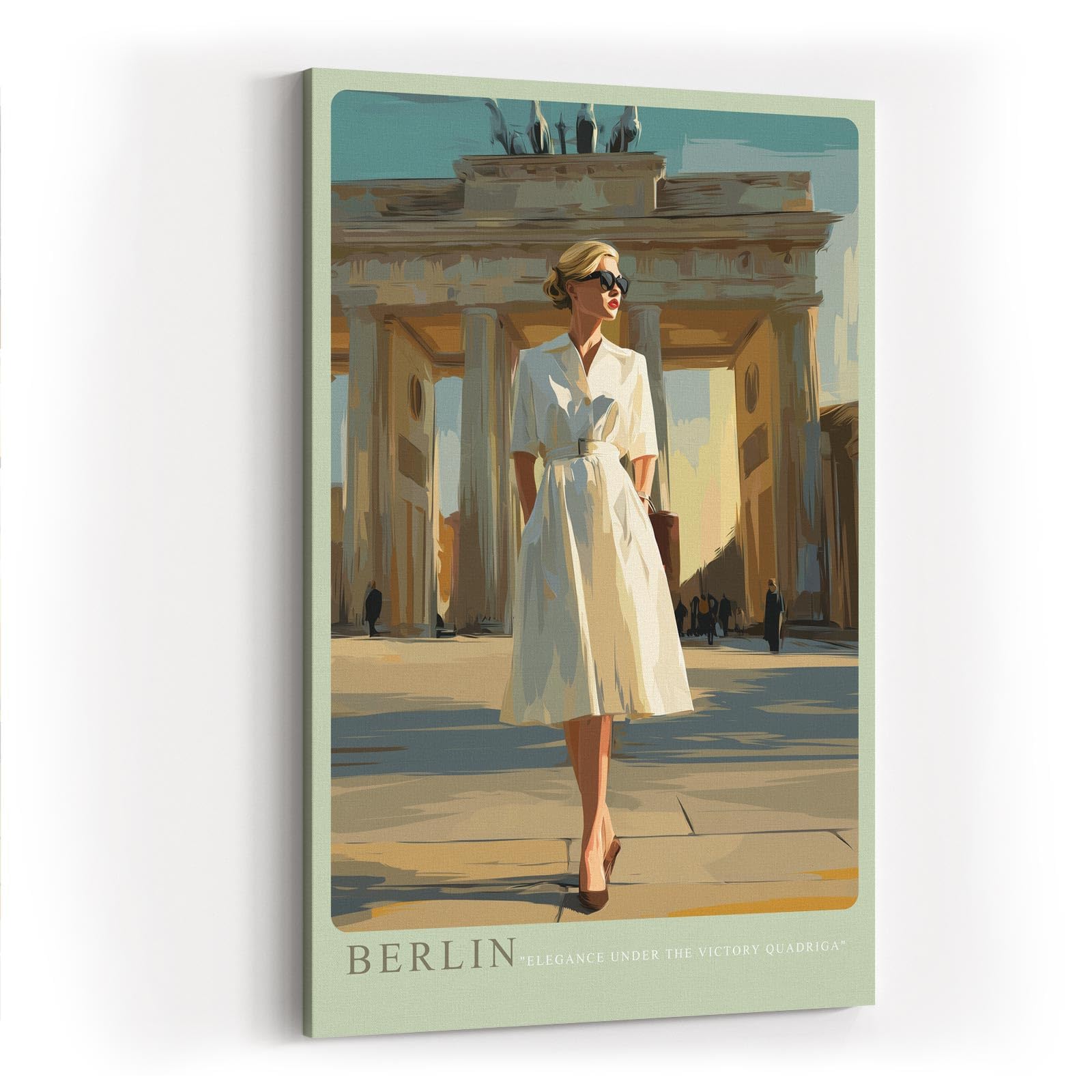 Paul Sinus Wandbild in 40x60cm Berlin – elegante Frau in Weiß vor dem Brandenburger Tor im malerischen Stil