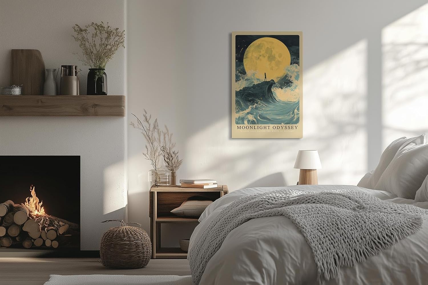 Paul Sinus Leinwandbild 80x120cm Moonlight Odyssey – Mystische Mondszene mit einsamer Silhouette auf einer Welle, umgeben von stürmischem Meer