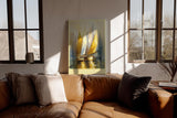 Paul Sinus Wandbild in 80x120cm Reflection Regatta – Goldene und weiße Segelboote in harmonischer Komposition auf spiegelndem Wasser