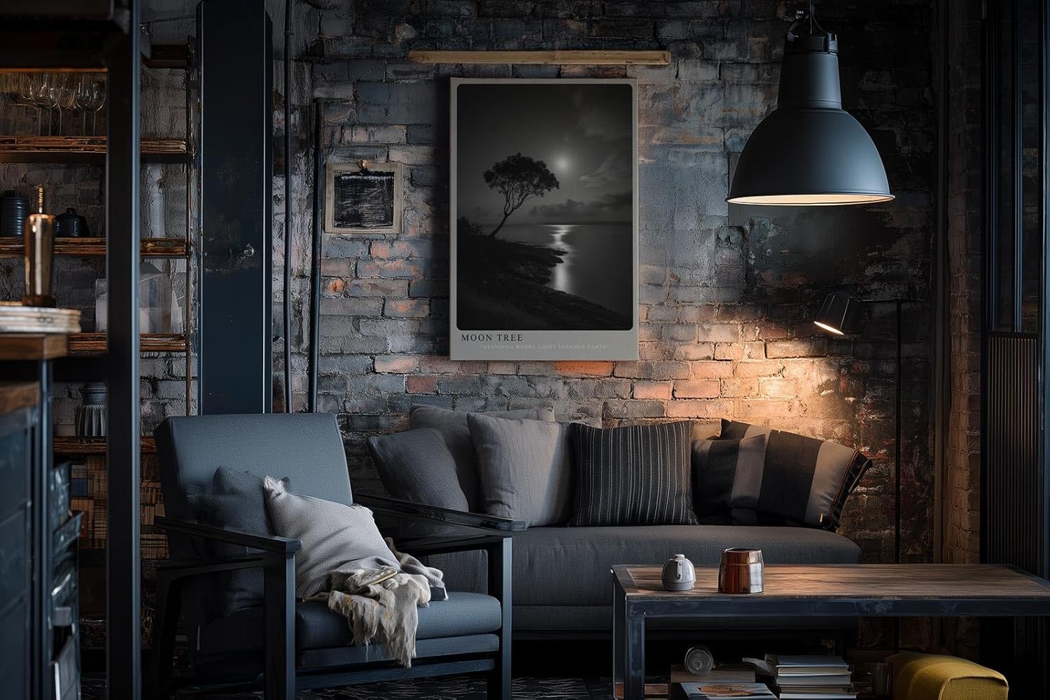 Paul Sinus Wandbild in 40x60cm Moon Tree – stimmungsvolle Schwarz-Weiß-Landschaft mit Baum am Ufer im Mondlicht