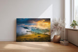 Sinus Art Wandbild 120x80cm Faszinierende Gebirgsszene im Nebel mit dramatischem Sonnenlicht für eindrucksvolle Raumwirkung