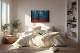 Sinus Art Wandbild 120x80cm Roter Baum vor blauem Nebel – geheimnisvoll, künstlerisch und emotional wirkungsvoll