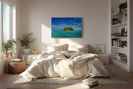 Sinus Art Wandbild 120x80cm Kleine tropische Insel mit Palmen und weißem Strand im türkisfarbenen Wasser