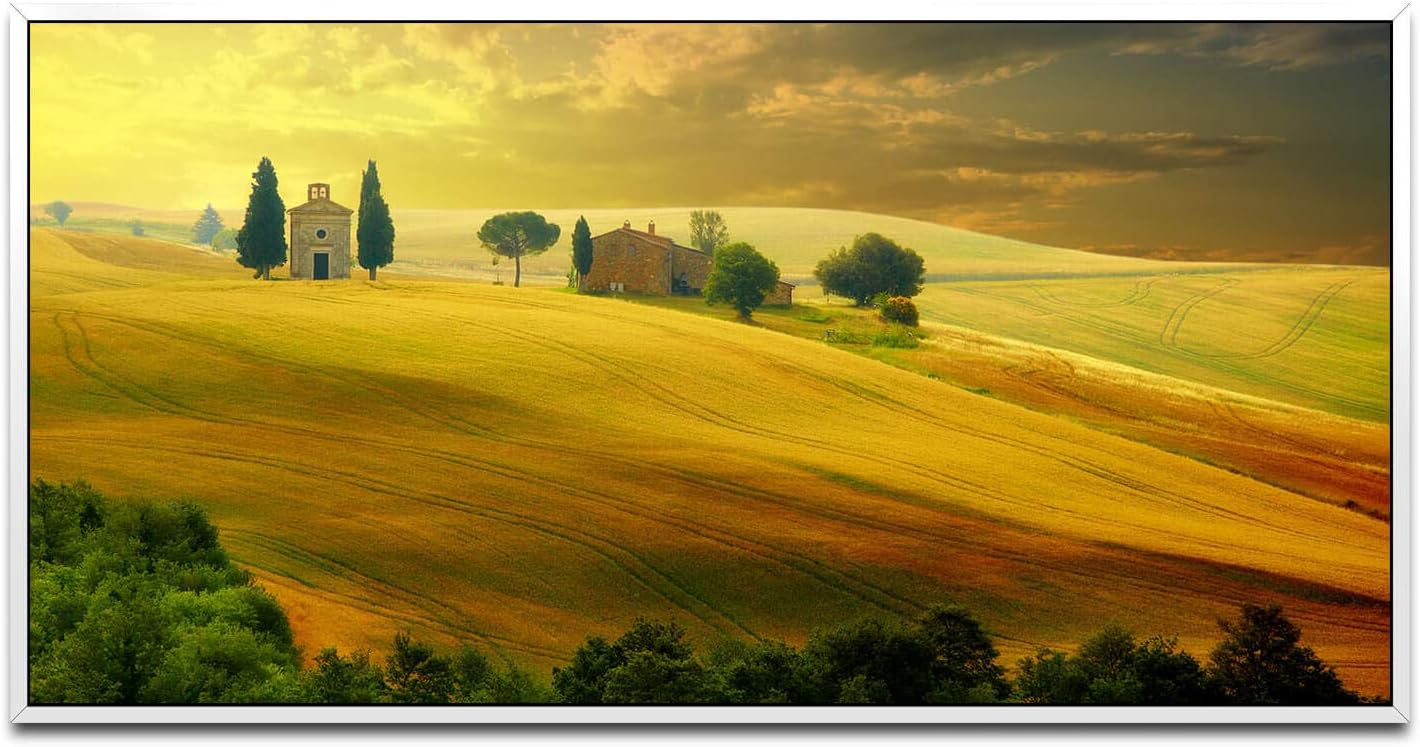 Landschaft in der Toscana ca. 130x70cm Wandbild inklusive Schattenfugenrahmen weiss - Panorama Leinwand Bild XXL Format Wandbilder Wohnzimmer Wohnung Deko Kunstdrucke