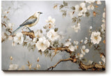 Sinus Art Wandbild 120x80cm Anmutiger Vogel auf einem Ast mit weißen Blüten vor harmonischem Hintergrund – ruhig und ausdrucksstark