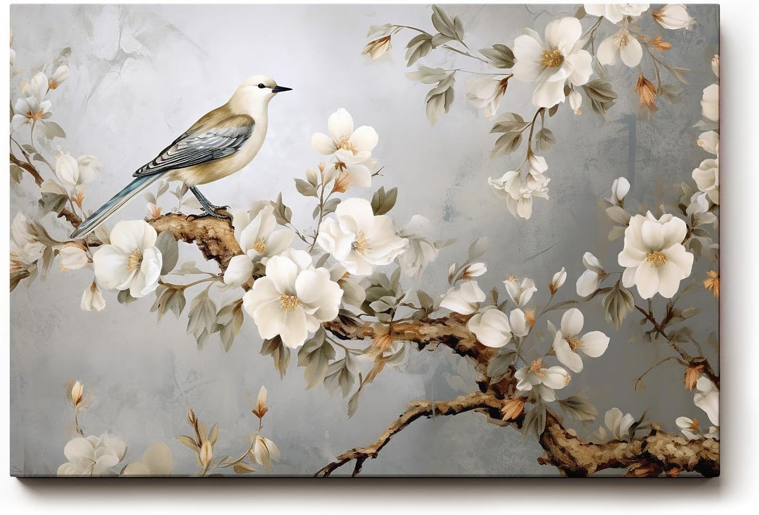 Sinus Art Wandbild 120x80cm Anmutiger Vogel auf einem Ast mit weißen Blüten vor harmonischem Hintergrund – ruhig und ausdrucksstark