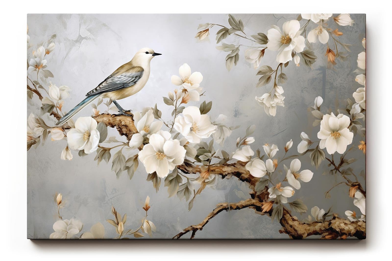 Sinus Art Wandbild 120x80cm Anmutiger Vogel auf einem Ast mit weißen Blüten vor harmonischem Hintergrund – ruhig und ausdrucksstark