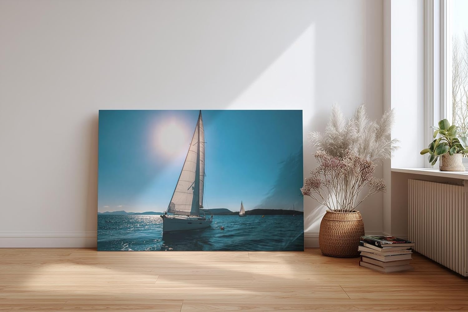 Sinus Art Wandbild 120x80cm Friedvolle Szene eines Segelboots unter blauem Himmel mit strahlendem Sonnenschein
