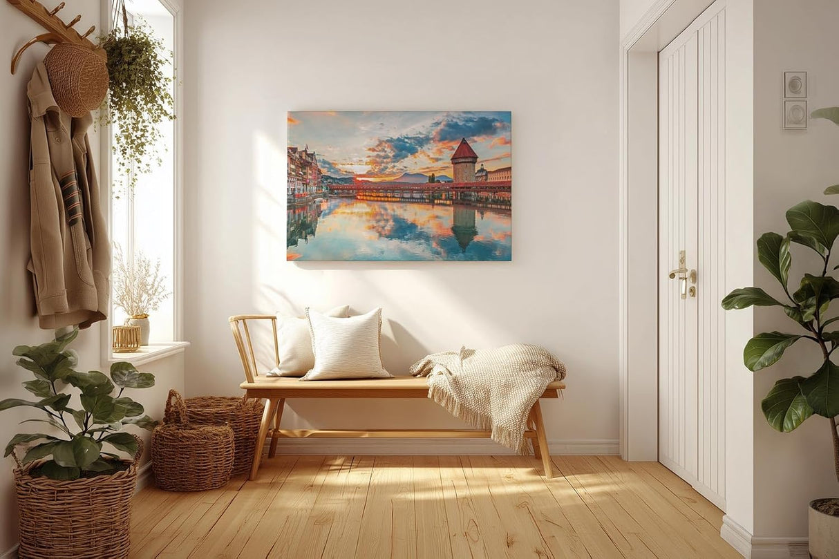 Sinus Art Wandbild 120x80cm Kapellbrücke und Wasserturm im Sonnenuntergang mit Spiegelung für atmosphärische Raumwirkung