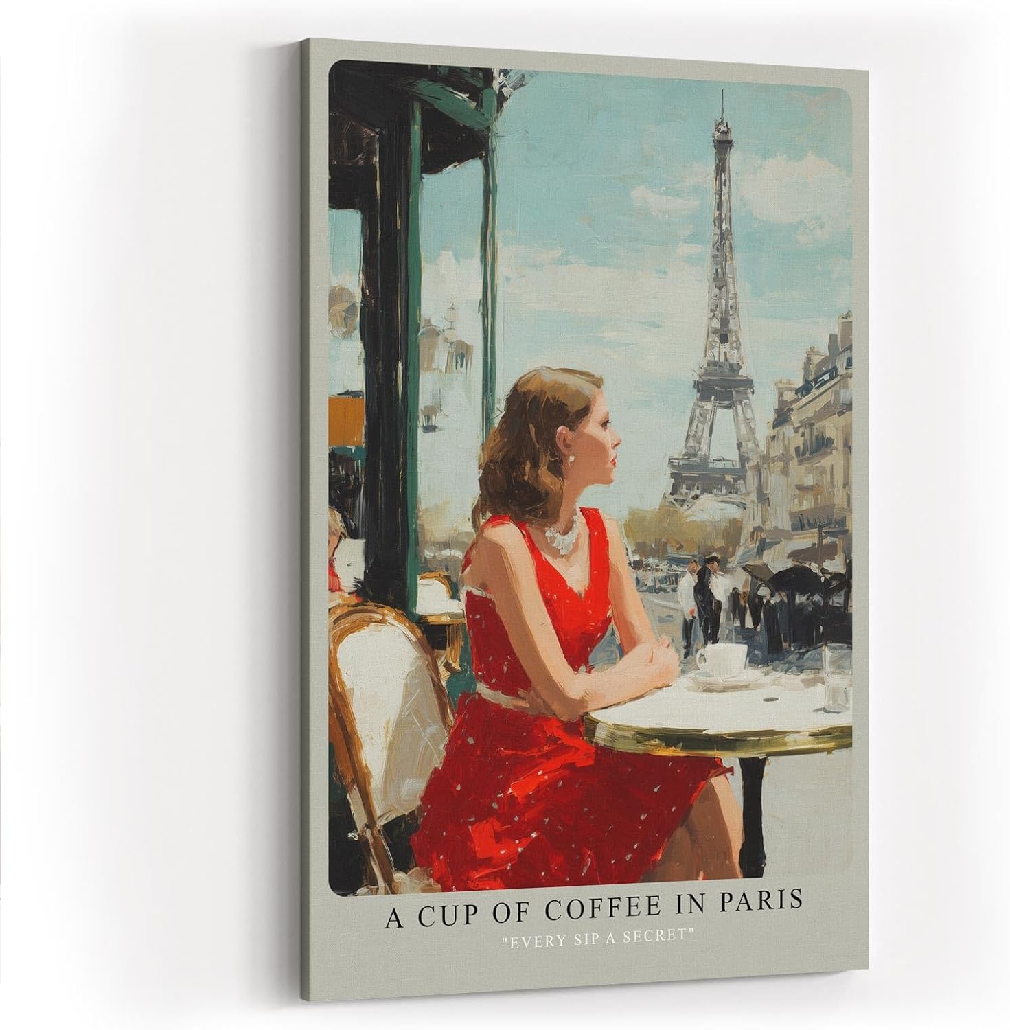 Paul Sinus Wandbild in 40x60cm A Cup of Coffee in Paris Bilder einer Frau im roten Kleid in einem Pariser Straßencafé mit Blick auf den Eiffelturm