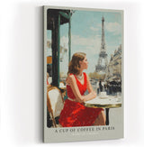 Paul Sinus Wandbild in 40x60cm A Cup of Coffee in Paris Bilder einer Frau im roten Kleid in einem Pariser Straßencafé mit Blick auf den Eiffelturm