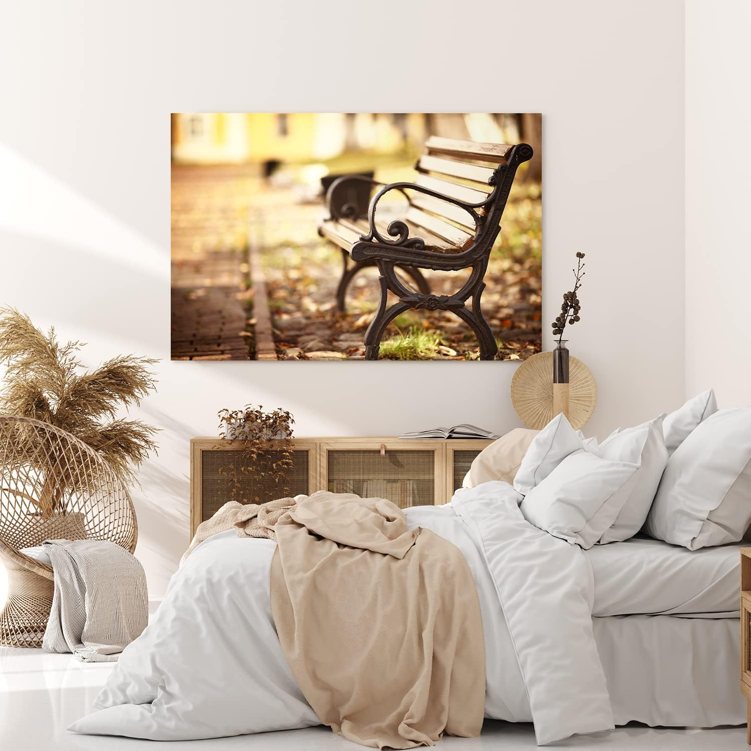 Wandbild 120x80cm Sitzbank Holzbank Park Herbst Sonnenschein