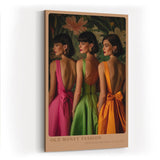 Paul Sinus Wandbild in 40x60cm Old Money Fashion – Elegante Damen in farbenfrohen Kleidern vor floralem Hintergrund, stilvolles Retro-Design für luxuriöse Wohnakzente