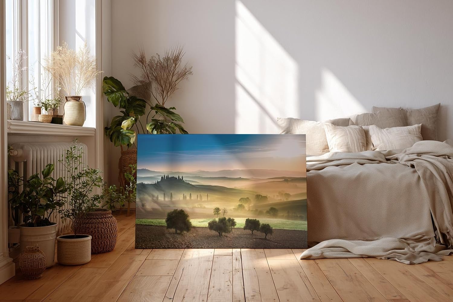 Sinus Art Wandbild 120x80cm Sanfte Hügel mit Olivenbäumen und Zypressen im Dunst des Sonnenaufgangs