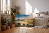 Sinus Art Wandbild 120x80cm Sanfte Hügel mit Olivenbäumen und Zypressen im Dunst des Sonnenaufgangs