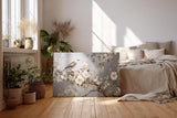 Sinus Art Wandbild 120x80cm Anmutiger Vogel auf einem Ast mit weißen Blüten vor harmonischem Hintergrund – ruhig und ausdrucksstark