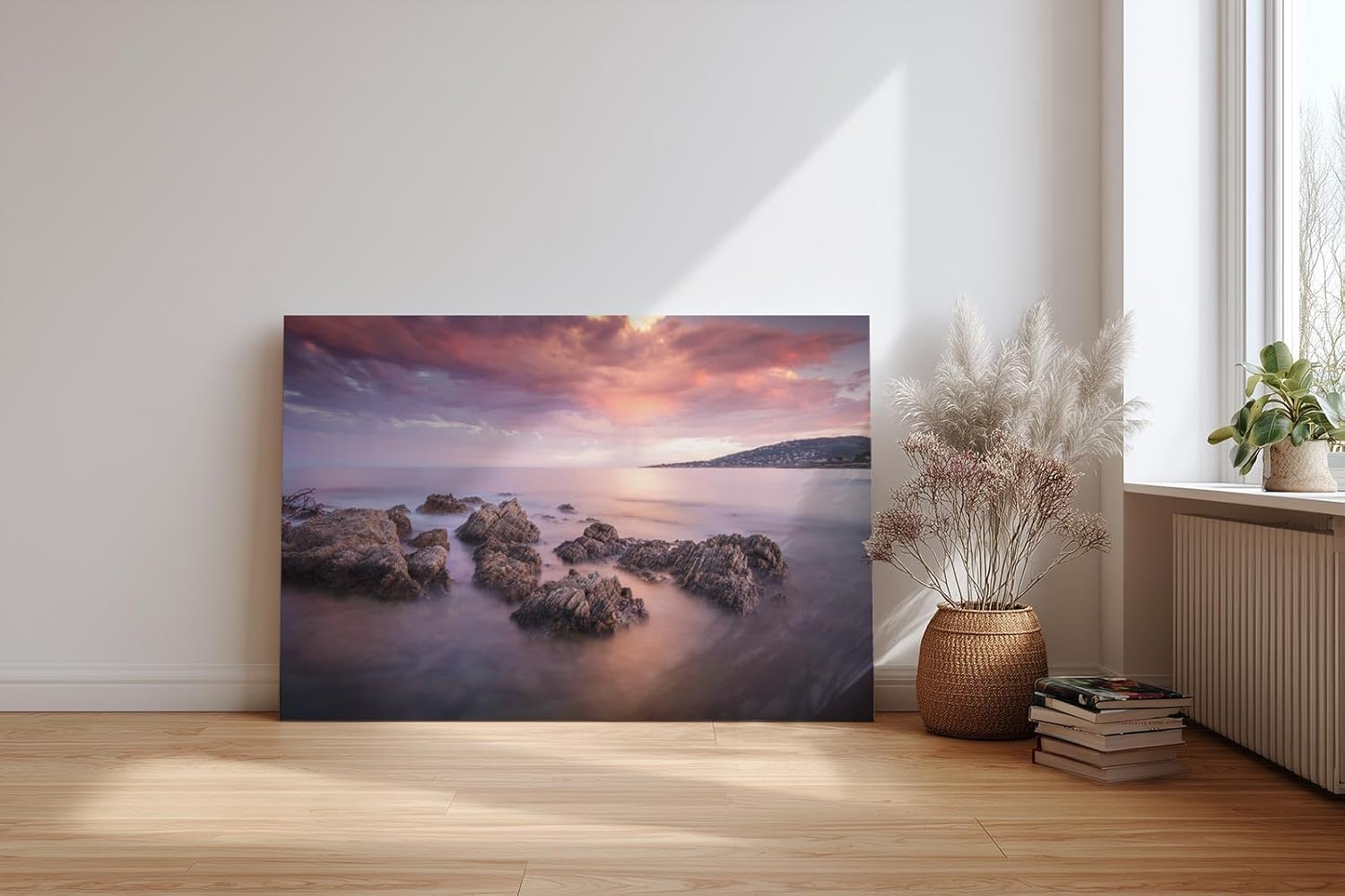 Sinus Art Wandbild 120x80cm Sanfte Wellen, Felsen im Wasser und ein farbintensiver Abendhimmel schaffen Harmonie und Weite