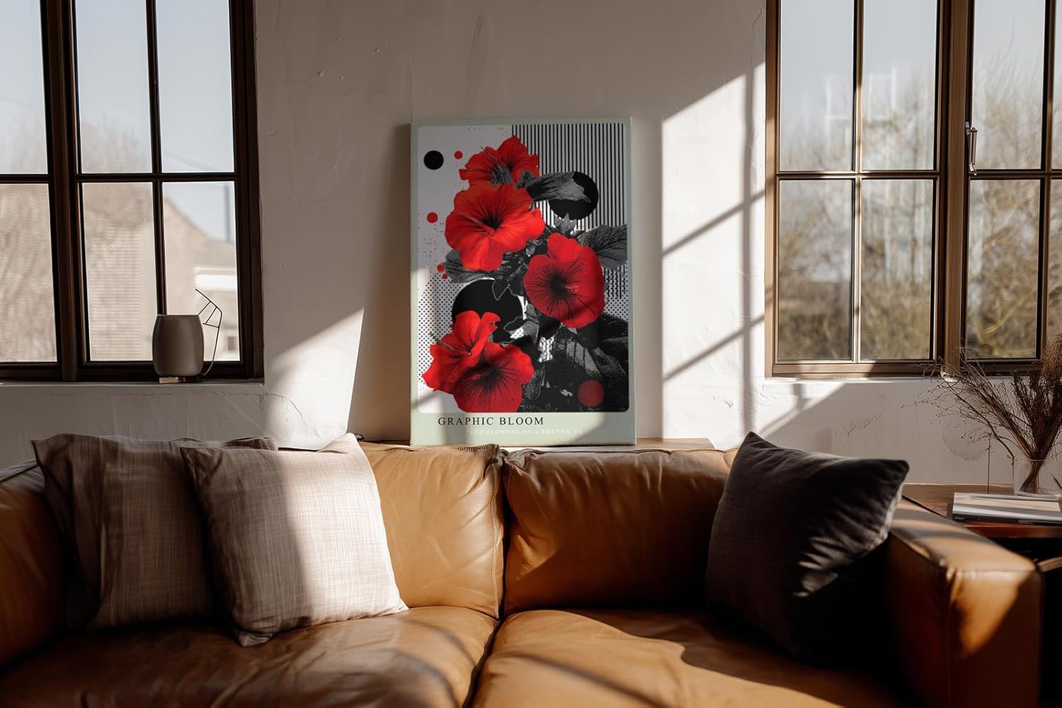 Paul Sinus Wandbild in 40x60cm Graphic Bloom – Rote Blüten im grafischen Pop-Art-Stil mit Linienund Punktmuster