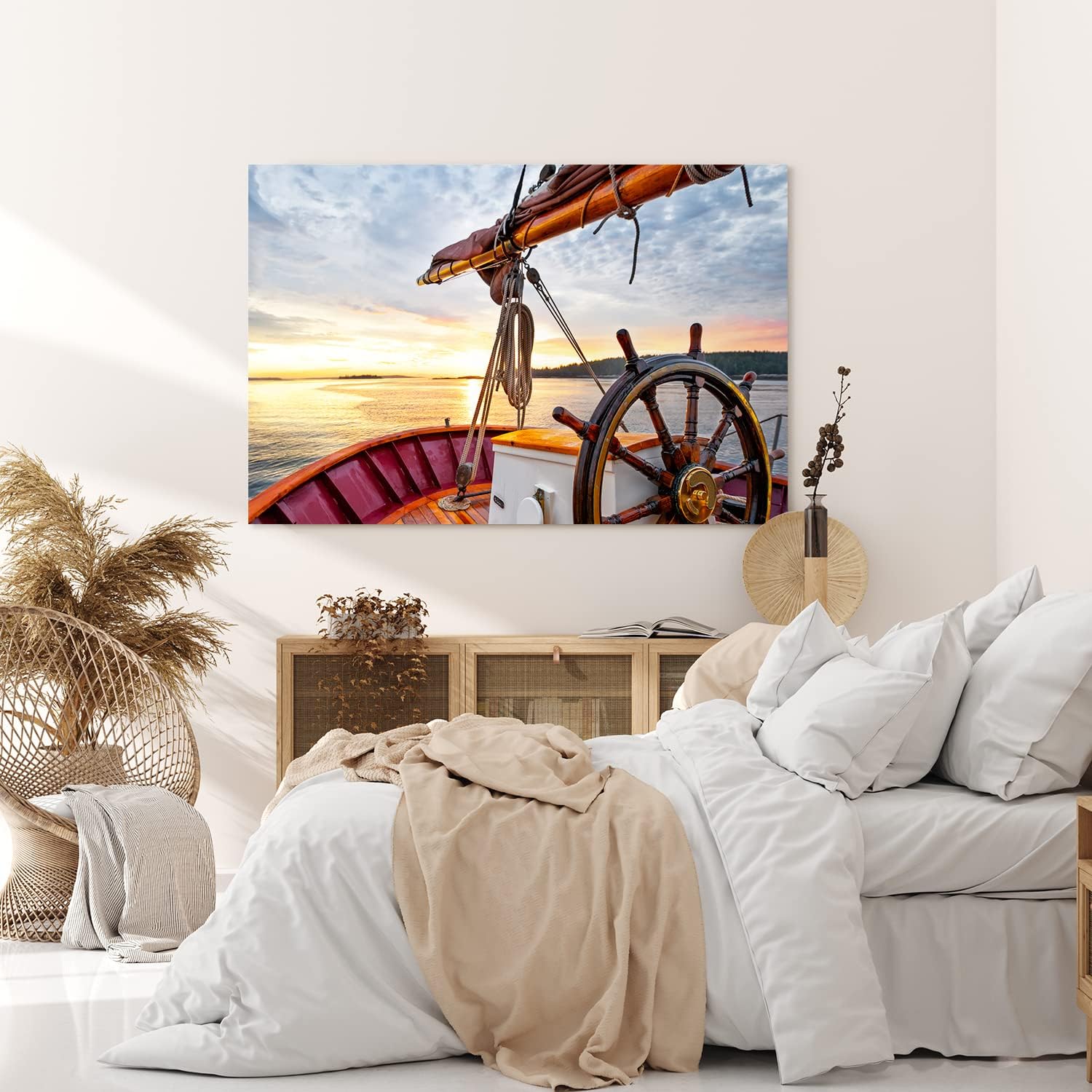 Paul Sinus Wandbild 120x80cm Segelboot Segelschiff Holzsteuerrad Meer Sonnenuntergang