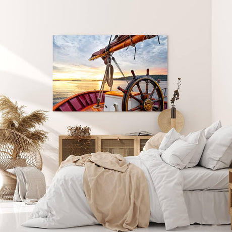 Paul Sinus Wandbild 120x80cm Segelboot Segelschiff Holzsteuerrad Meer Sonnenuntergang