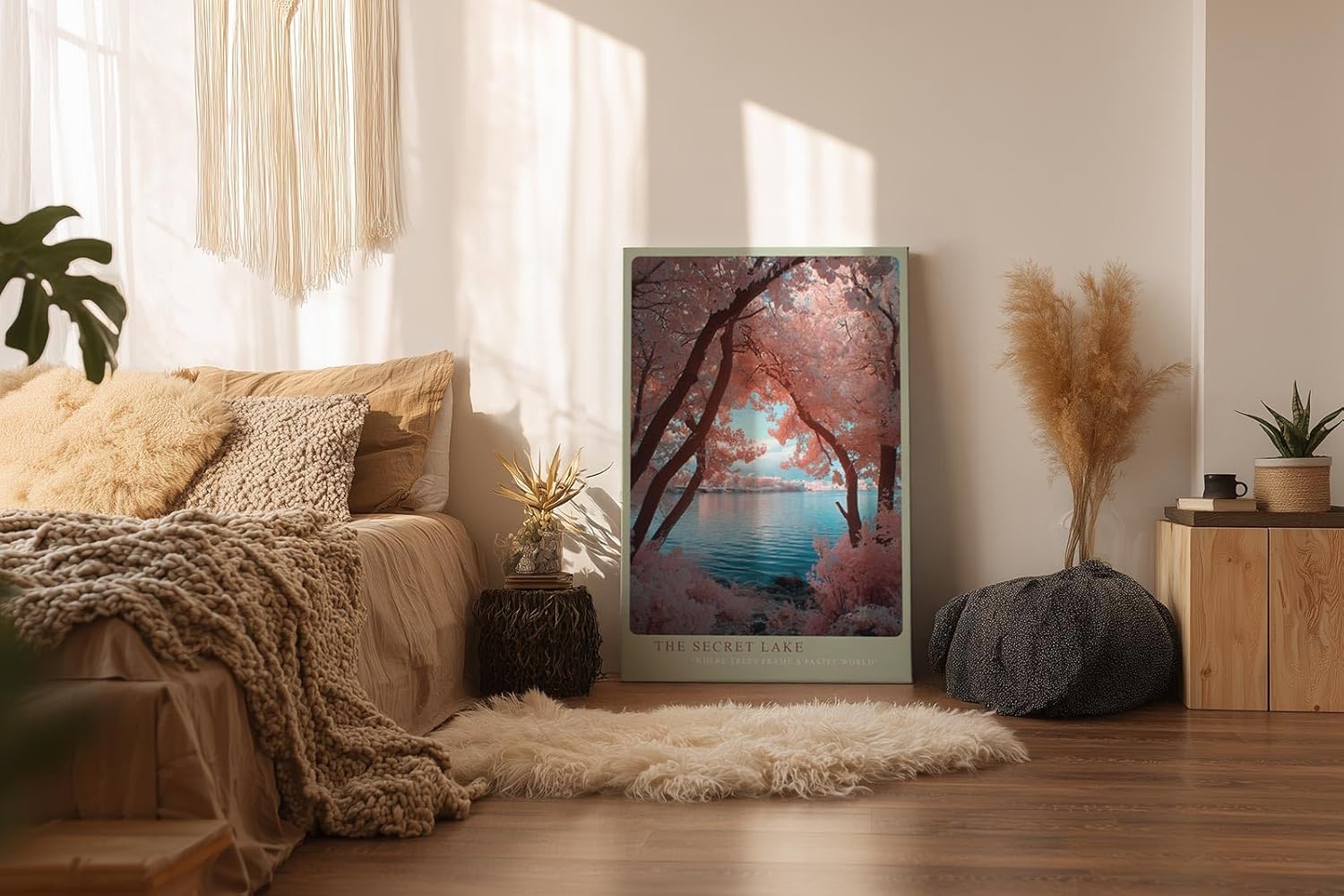 Paul Sinus Wandbild in 40x60cm The Secret Lake – Pastellfarbene Baumlandschaft am See mit romantischem Flair, verträumte Naturkulisse in sanften Tönen