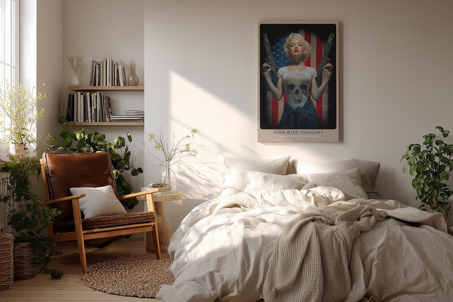 Paul Sinus Wandbild in 40x60cm Marilyn Monroe mit Gewehren vor US-Flagge – provokantes Pop-Art-Motiv mit rebellischem Glamour