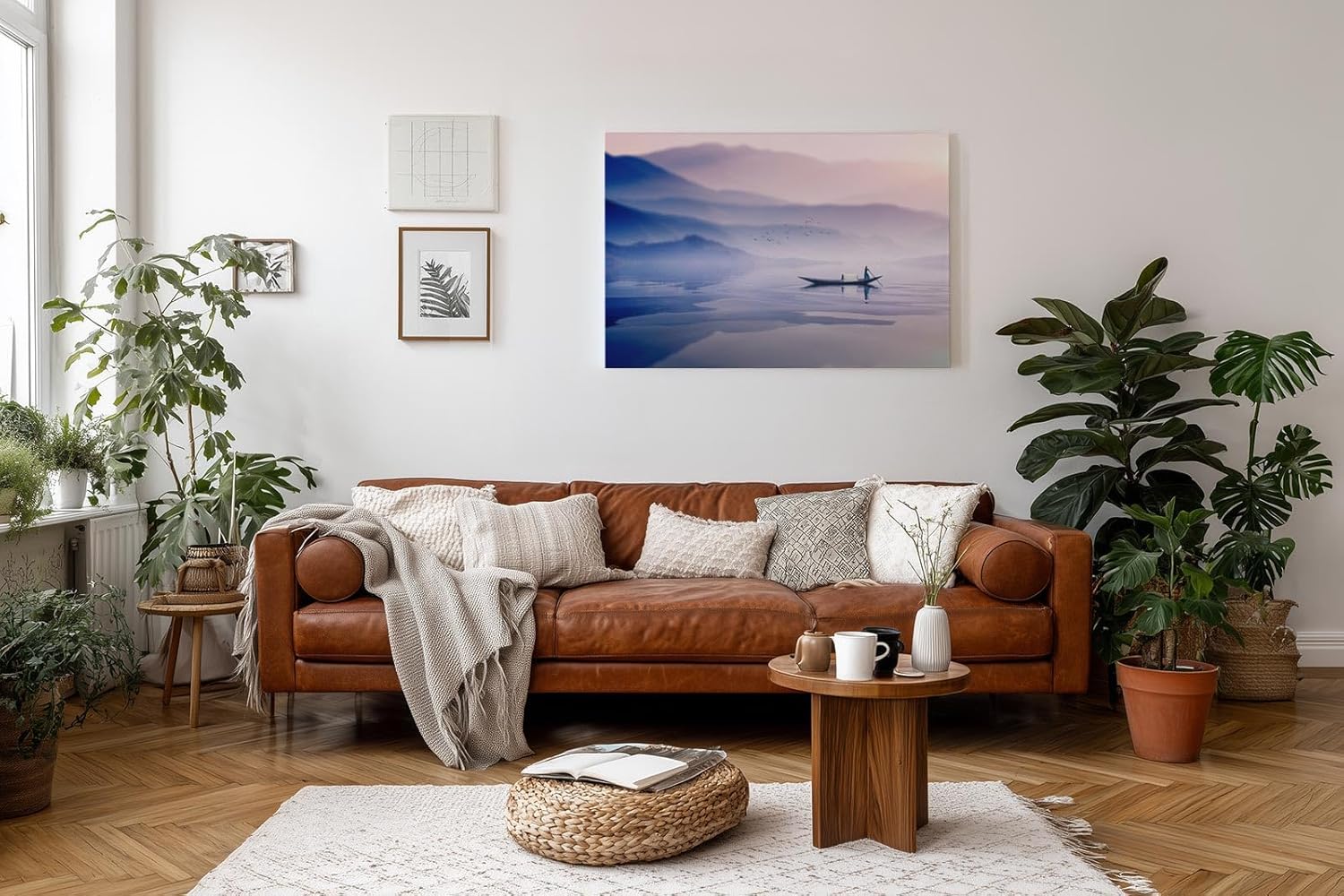 Sinus Art Wandbild 120x80cm Stilles Wasser, Fischerboot und pastellfarbene Hügel – harmonisch, leicht und beruhigend