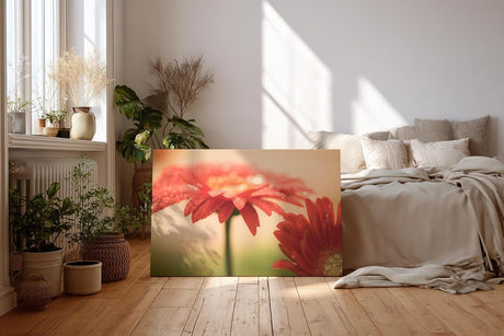 Sinus Art Wandbild 120x80cm Emotionale Nahaufnahme einer roten Gerbera mit schimmernden Tautropfen auf den Blütenblättern