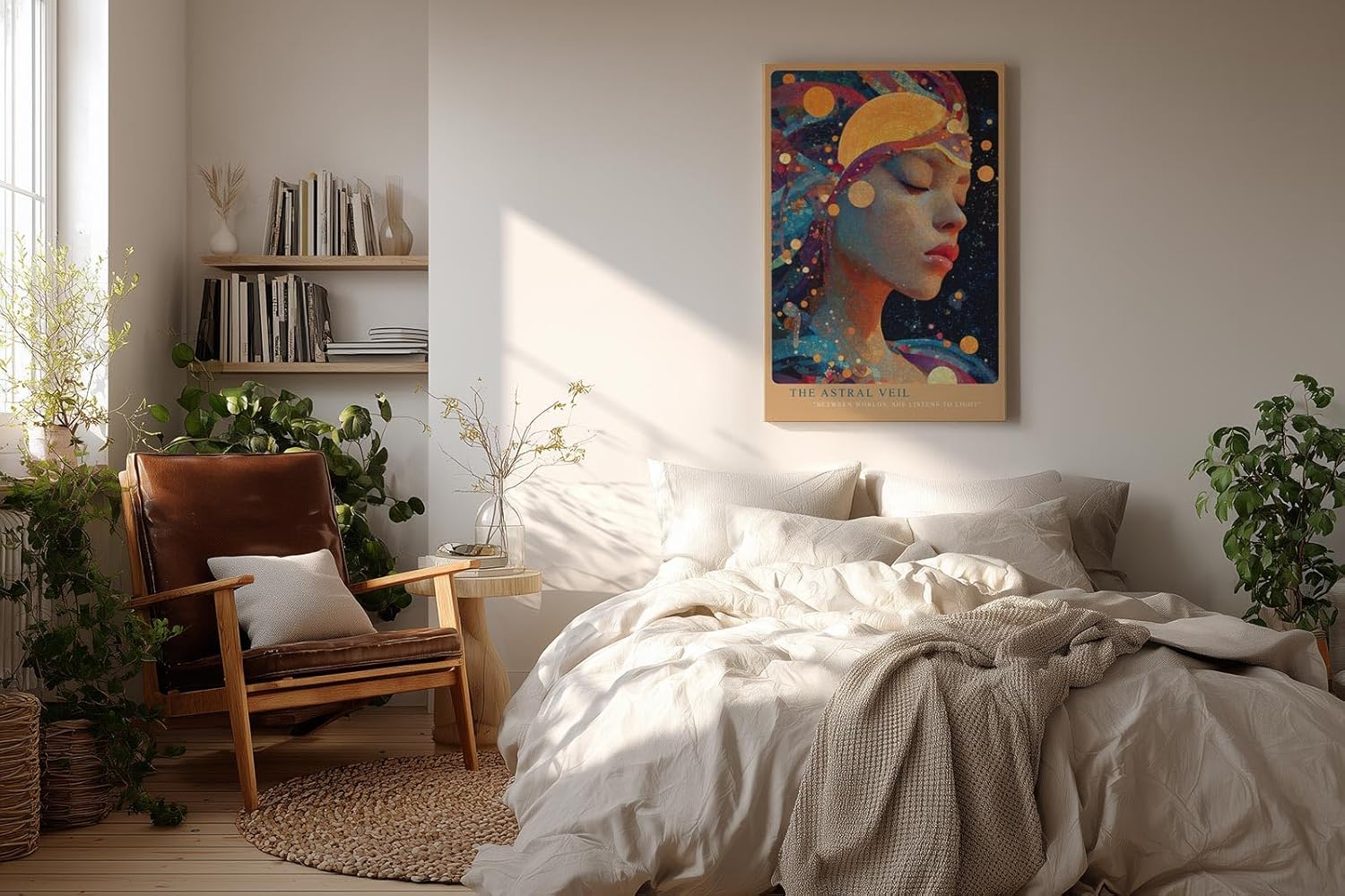 Paul Sinus Wandbild in 40x60cm The Astral Veil Künstlerisches Frauenporträt mit kosmischen Elementen und goldenen Akzenten für mystische Raumgestaltung