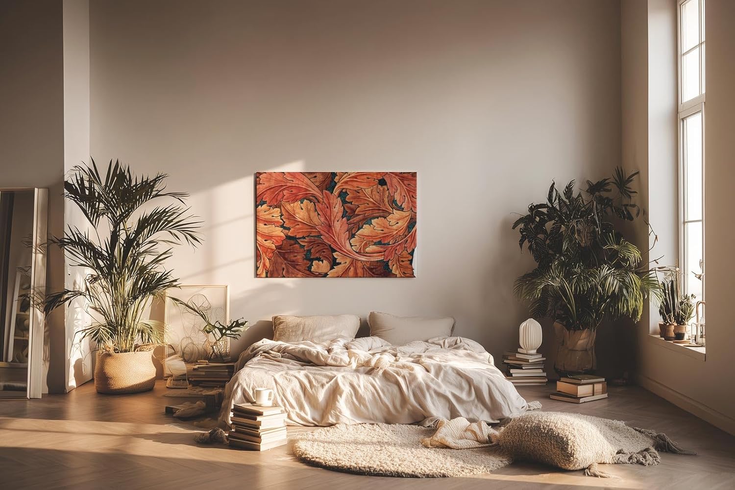 Sinus Art Wandbild 120x80cm Dynamisches Blattmotiv in warmen Rottönen auf dunklem Hintergrund in ornamentaler Form