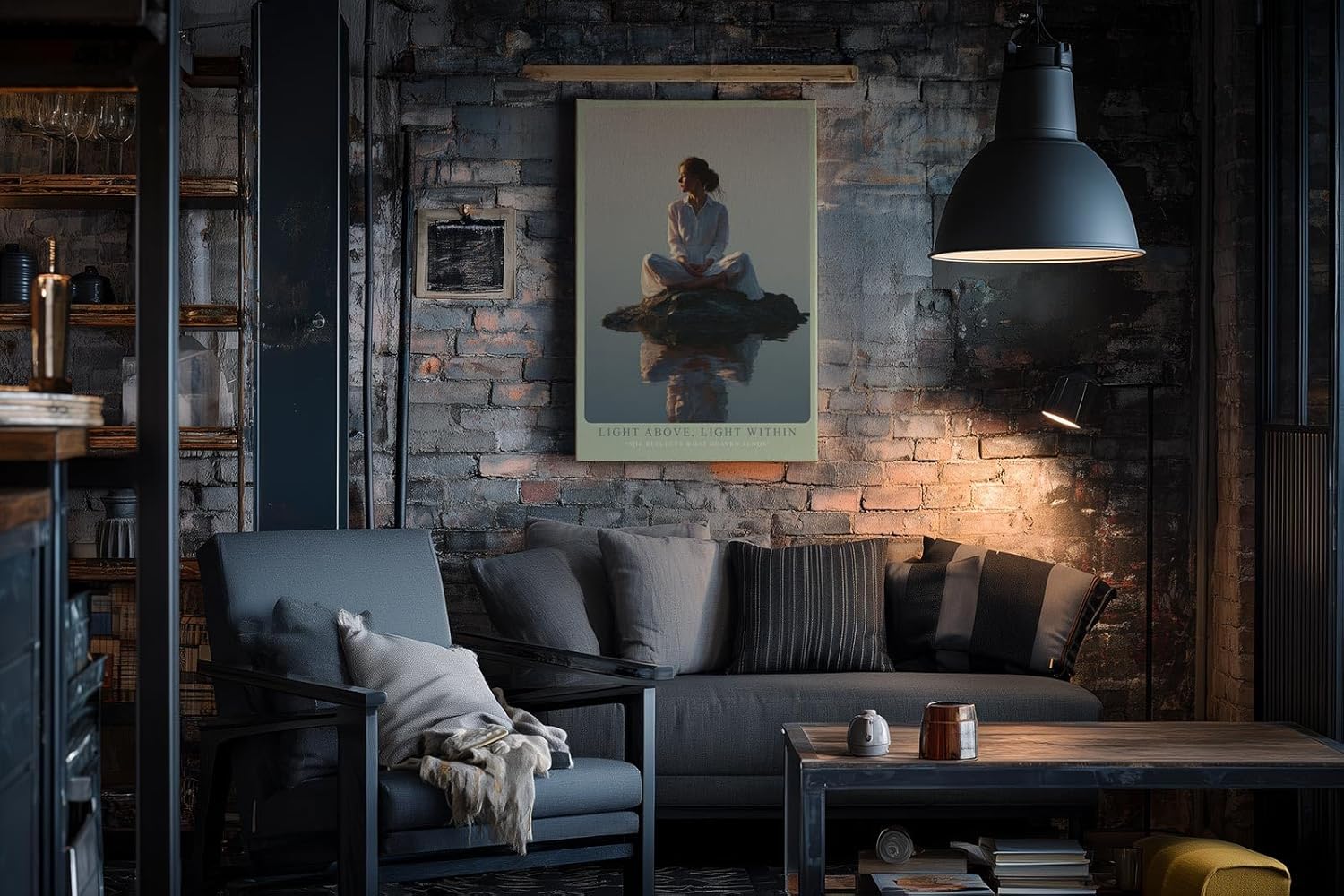 Paul Sinus Wandbild in 40x60cm Light Above, Light Within – Meditatives Porträt einer Frau in weißem Gewand, sitzend auf einem Felsen im stillen Wasser bei Sonnenaufgang
