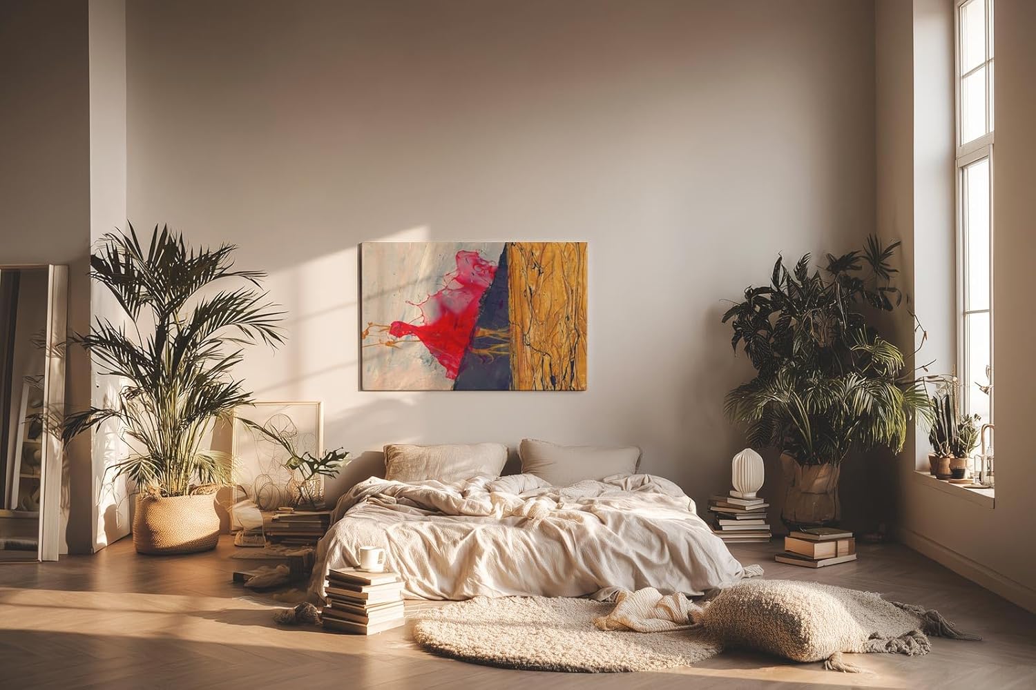 Sinus Art Wandbild 120x80cm Dynamische Farbflächen in Rot, Schwarz und Gold mit fließenden Übergängen