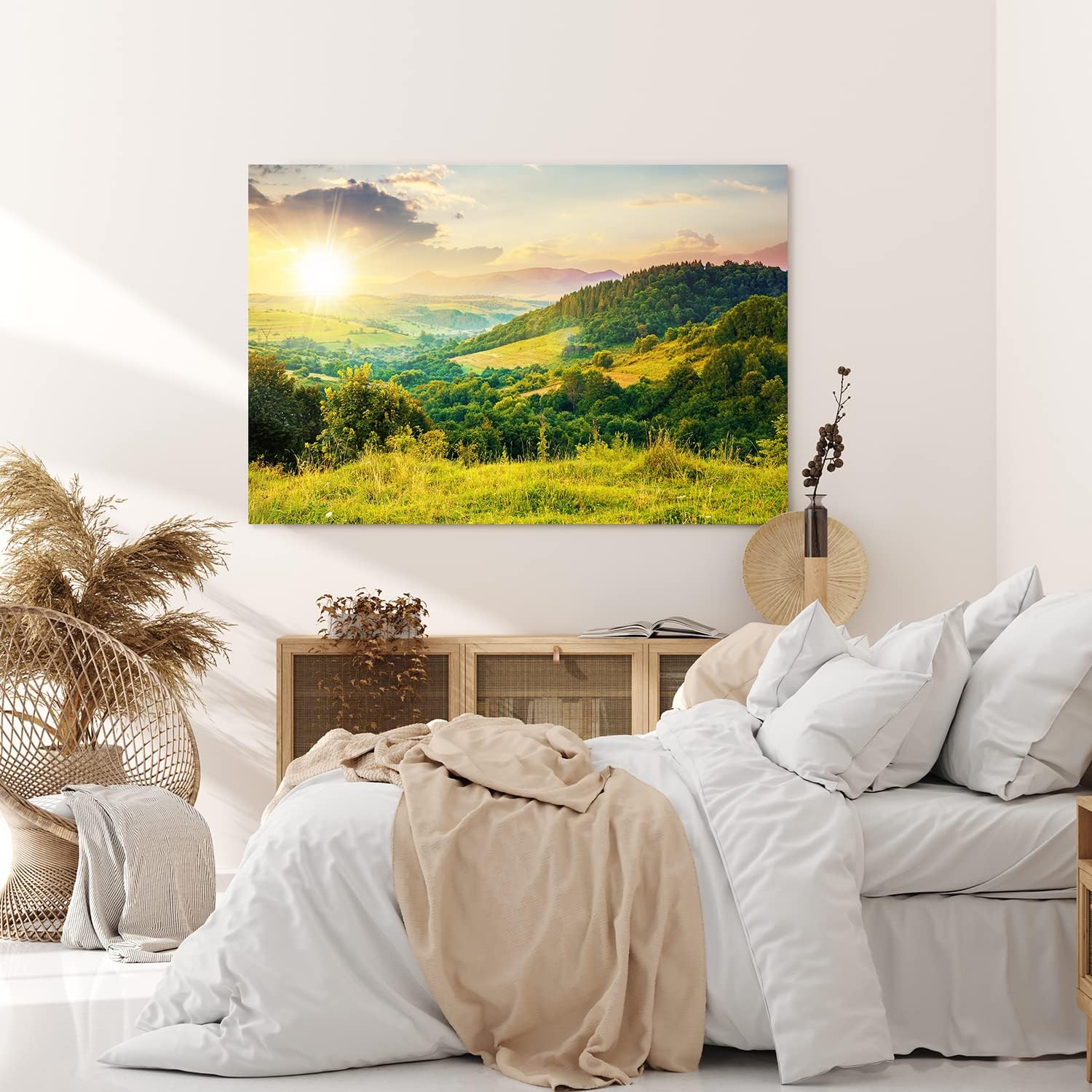 Paul Sinus Wandbild 120x80cm Hügellandschaft Sonnenuntergang Berge Grün Wiesen