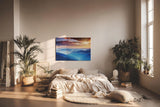 Sinus Art Wandbild 120x80cm Faszinierende Berglandschaft in verschiedenen Blauabstufungen mit goldener Sonne
