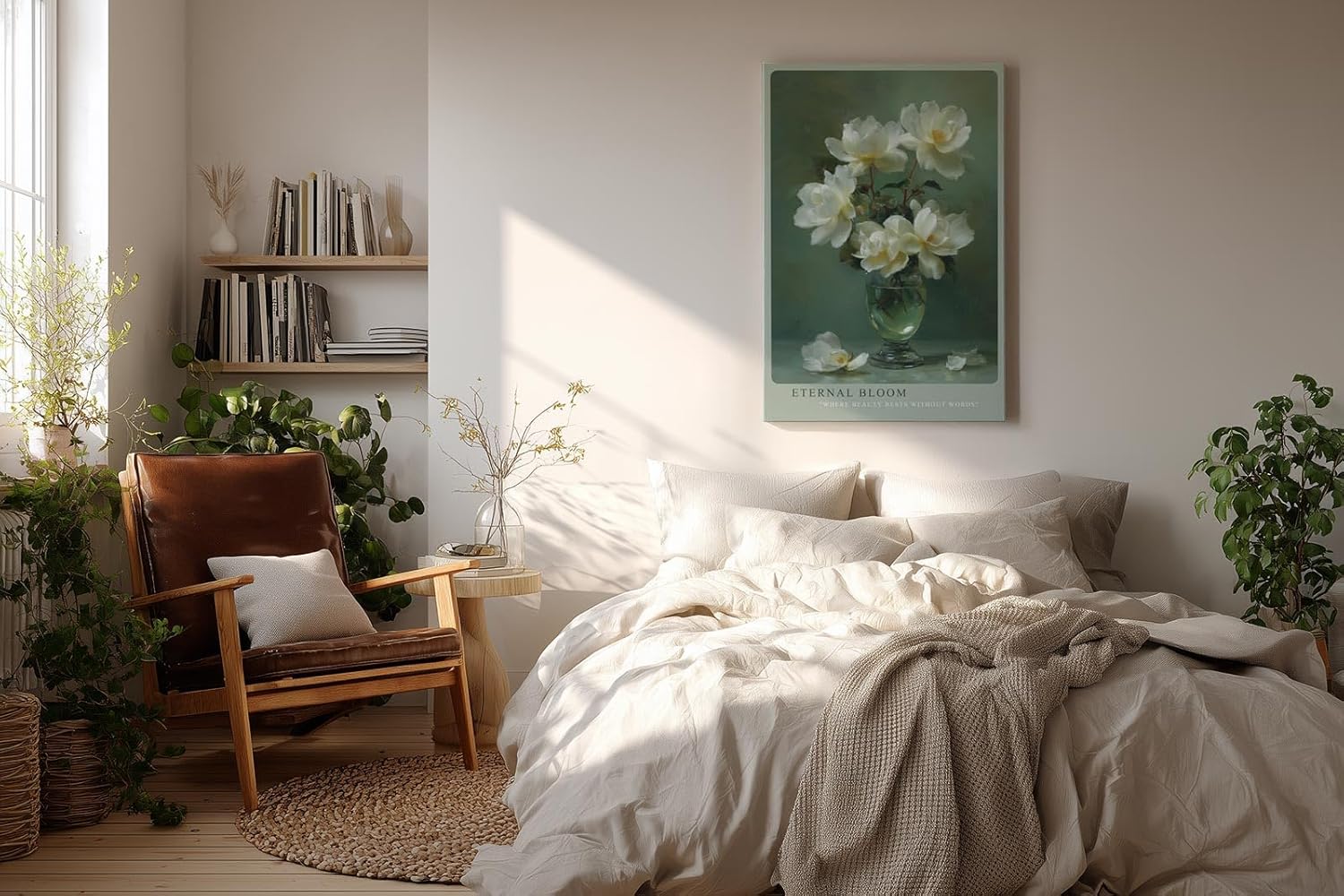 Paul Sinus Wandbild in 40x60cm Eternal Bloom elegantes Stillleben mit weißen Blüten in Glasvase auf grünem Hintergrund
