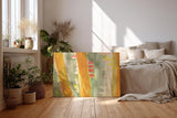 Sinus Art Wandbild 120x80cm Gelb-orange vertikale Pinselstriche auf grünlichem Grund mit leuchtenden Akzenten