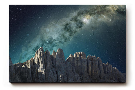 Sinus Art Wandbild 120x80cm Atemberaubendes Motiv mit Felsmassiv und galaktischem Lichtband über dunklem Himmel