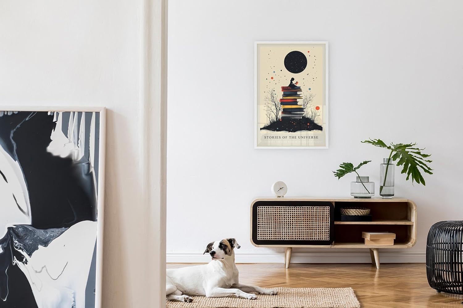 Paul Sinus Leinwandbild 60x90cm Stories of the Universe – Bücher, Universum, Fantasie, Magie, Wissen, Träume, Sterne, Kosmos, Lesen, Inspiration