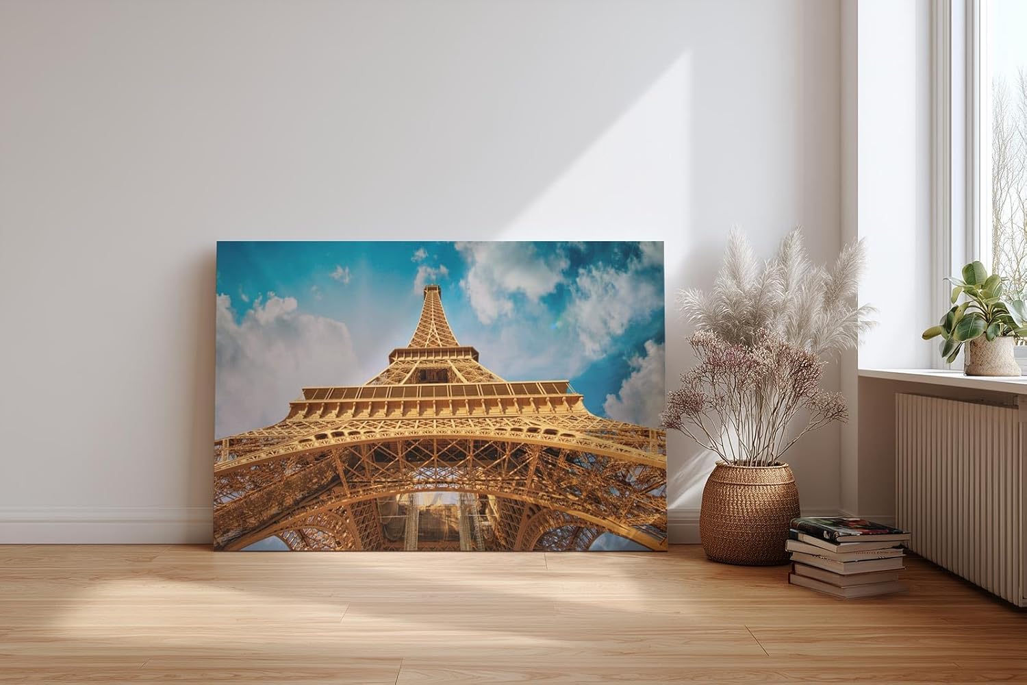 Sinus Art Wandbild 120x80cm Atemberaubende Perspektive auf den Eiffelturm mit imposanter Himmelsszenerie