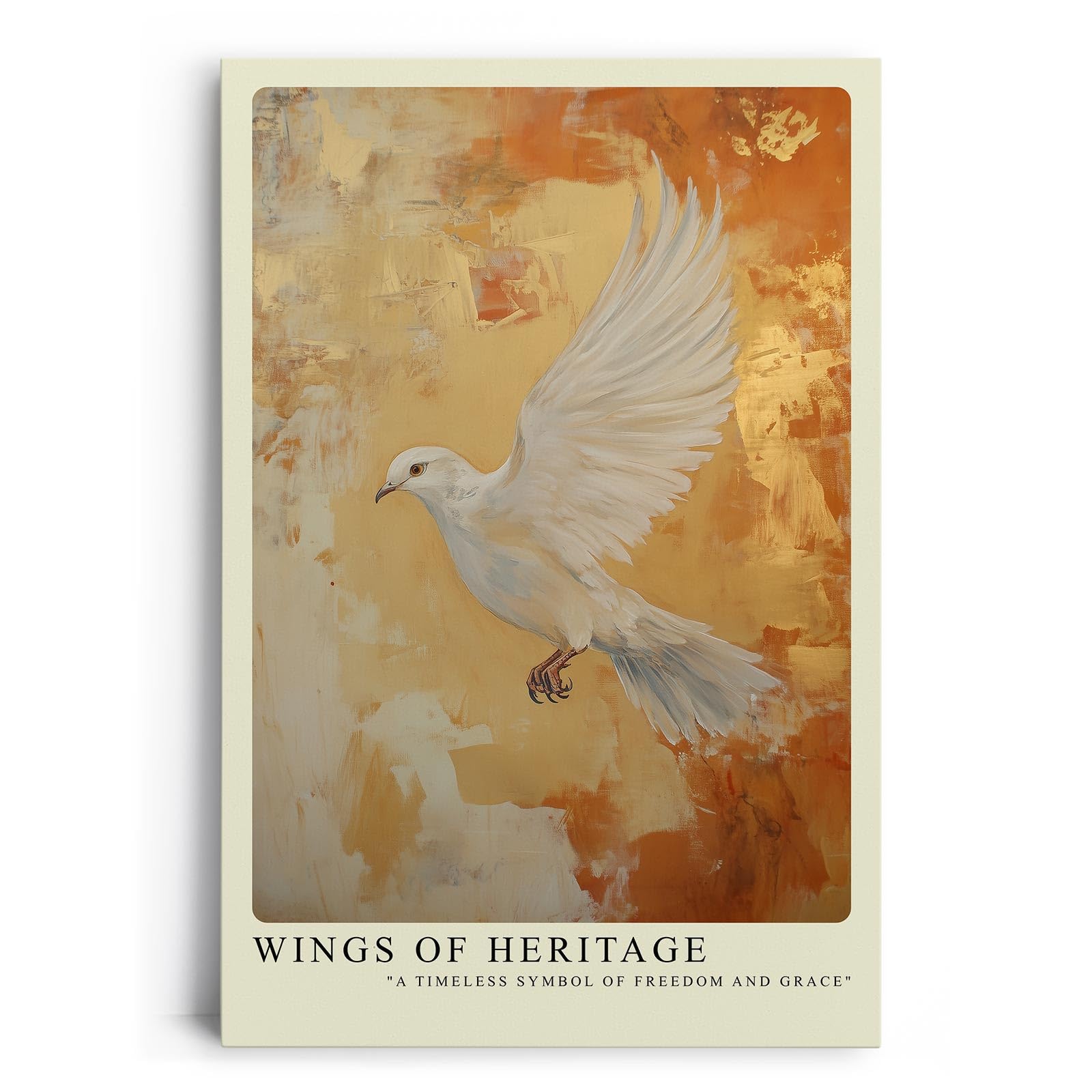 Paul Sinus Leinwandbild 40x60cm Flügel des Erbes – Symbolische weiße Taube im Flug mit goldenem Hintergrund und ausdrucksstarker Eleganz