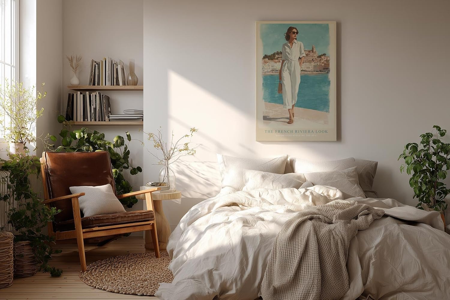 Paul Sinus Wandbild in 40x60cm Französische Riviera Frau im weißen Jumpsuit am Hafen mediterrane Eleganz auf Leinwand
